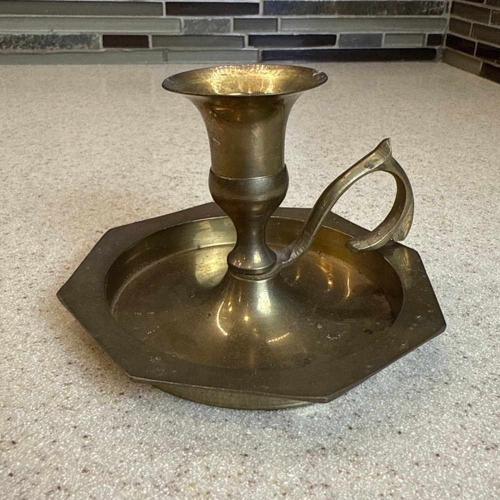 Vintage Archana Handicrafts Brass Chamberstick Candle‎ Holder Octagon Base India